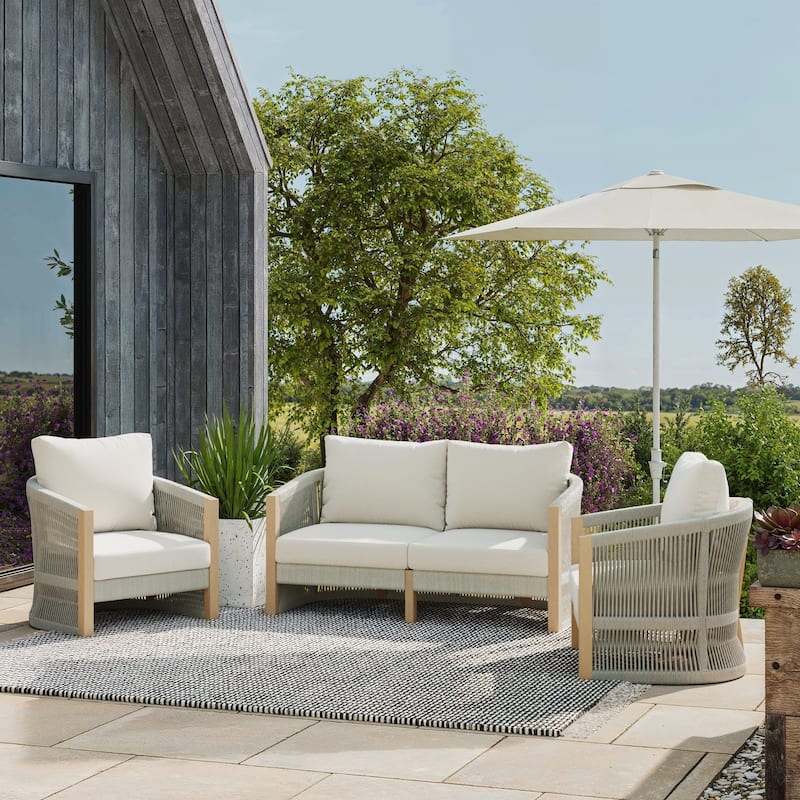 Jagger Farmhouse Patio Seating with Solid Acacia Wood Frame, Cushions, and Rope Accent