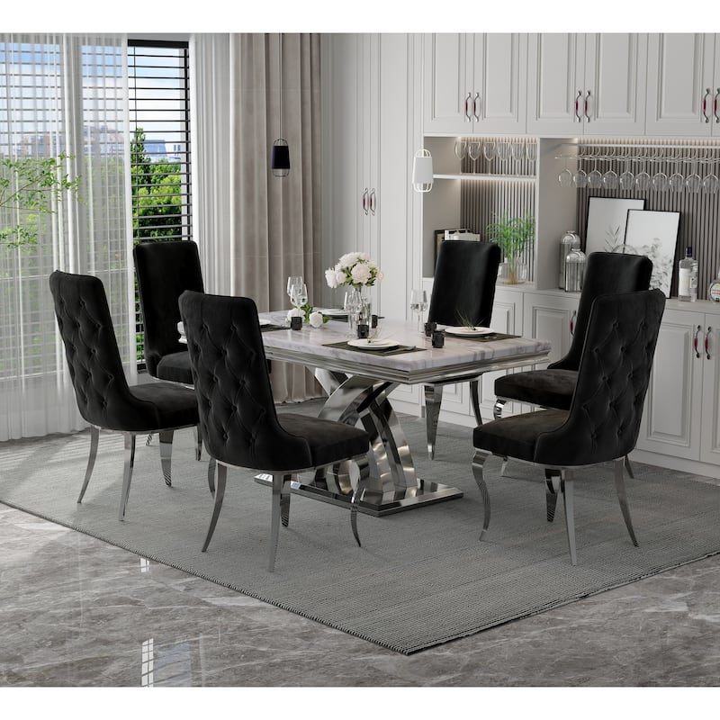 Silver Dining Room Table Set with 65 inch Table and Black Velvet Dining Chairs