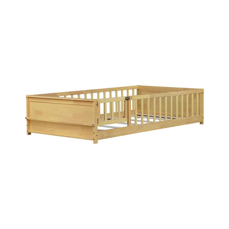 Twin Size Floor Bed with Built-in Book Rack and Door,Natural