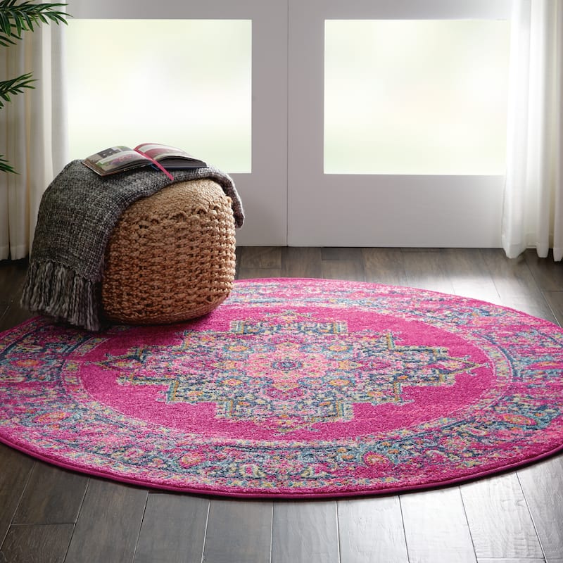 Porch & Den Dobbin Vintage Persian Medallion Farmhouse Area Rug - 4' Round - Fuchsia