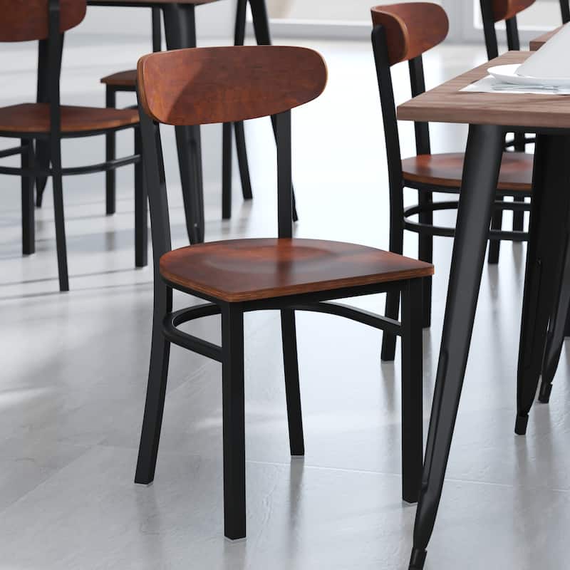 Commercial Metal Dining Chair with Wood Seat and Boomerang Back - Walnut