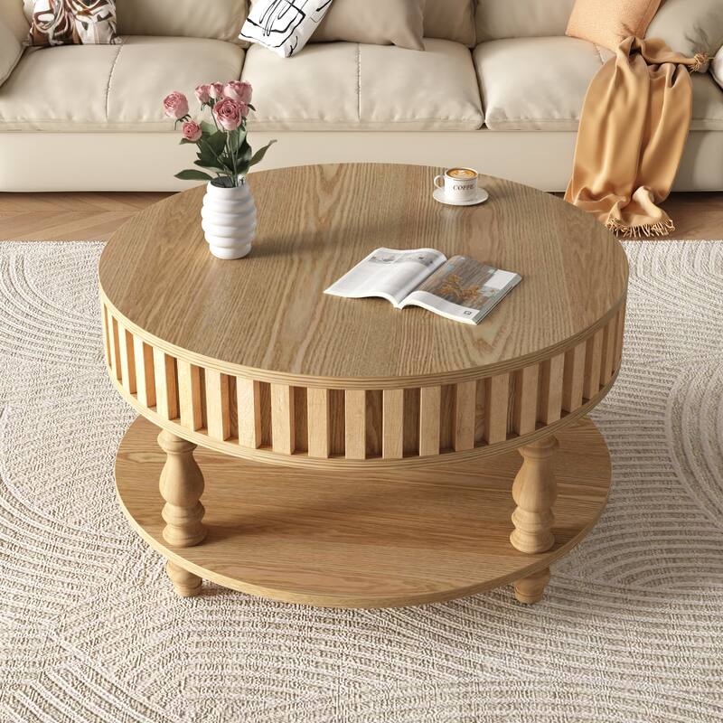 Roomfitters Fluted Coffee Table with Storage, Flip Top Center Table with Solid Wood Legs for Living Room - Natural Wood