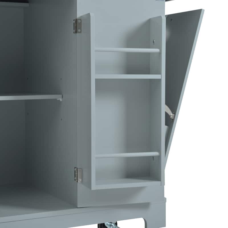 Fluted Kitchen Island with Trash Can Storage Cabinet,Power Outlet,Internal Storage Rack,3 Open Side Racks