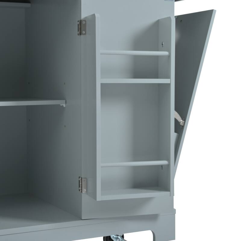 Mobile Kitchen Island with Trash Can Storage, Power Outlet, 3 Drawers, Open Shelves, 5 Wheels, Fluted Design