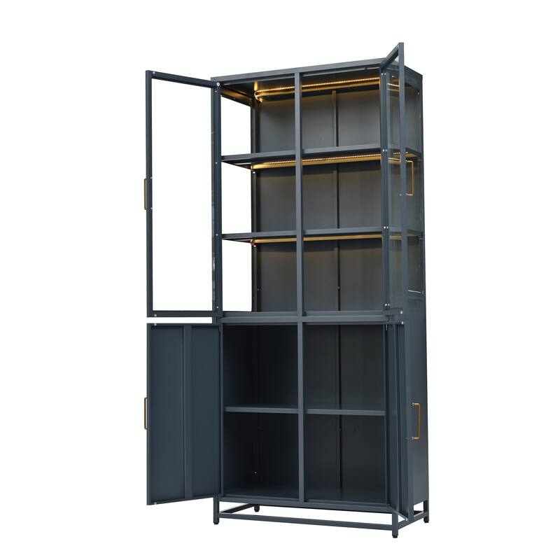 76.75'' Tall Display Cabinet with Double Glass Doors and LED Lights Steel Curio Cabinet