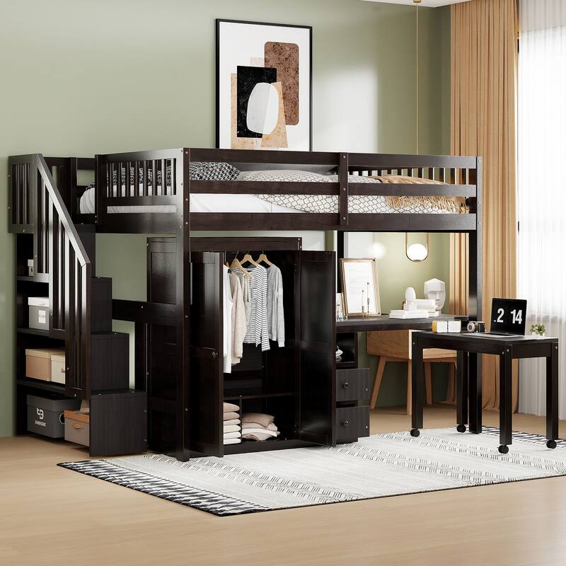Kids Loft Bed with Desk, Stairs, Wardrobe, Bookshelf & Storage Drawers - Multifunctional Space-Saving Furniture - Espresso Full - Full