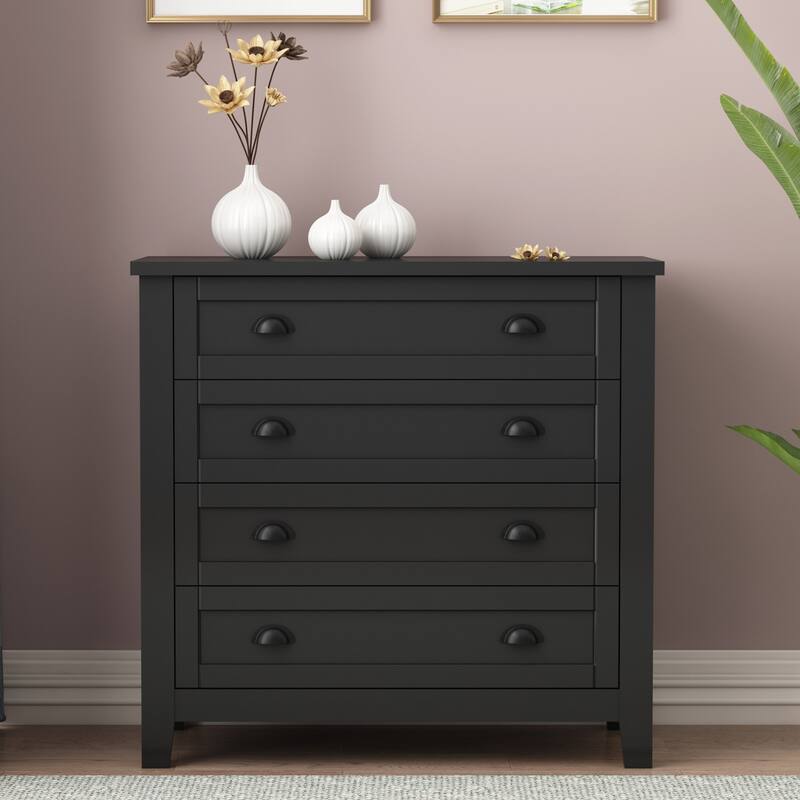 Modern Black Storage Solid Wood Retro Shell Handle Side Cabinet