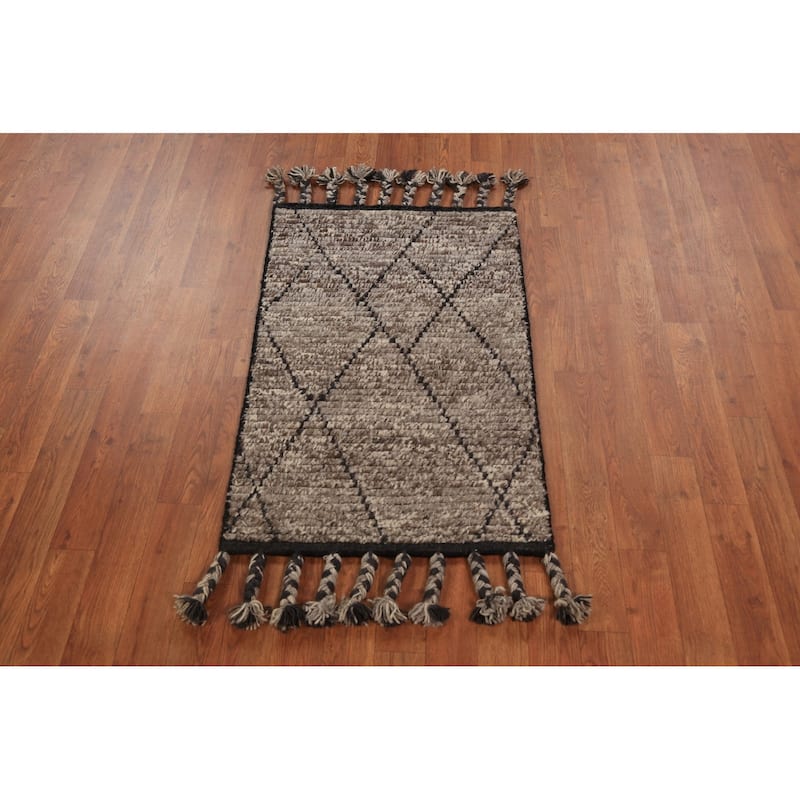 Striped Brown Moroccan Oriental Foyer Rug Handmade Wool Carpet - 2'0"x 3'0"