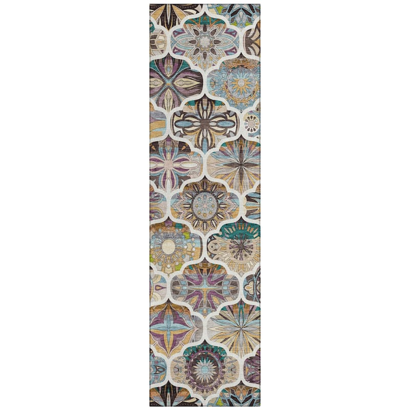 Machine Washable Indoor/ Outdoor Trellis Mosaic Chantille Rug