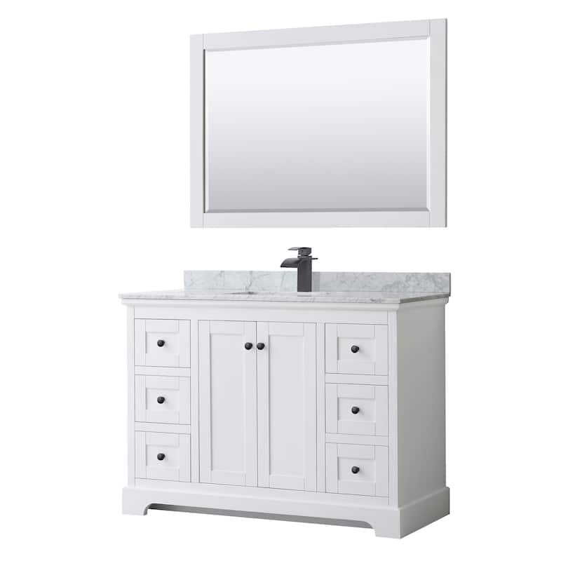 Avery 48-inch Single Vanity, Marble Top, Square Sink, 46-inch Mirror - White, Black Trim, White Carrara Marble Top
