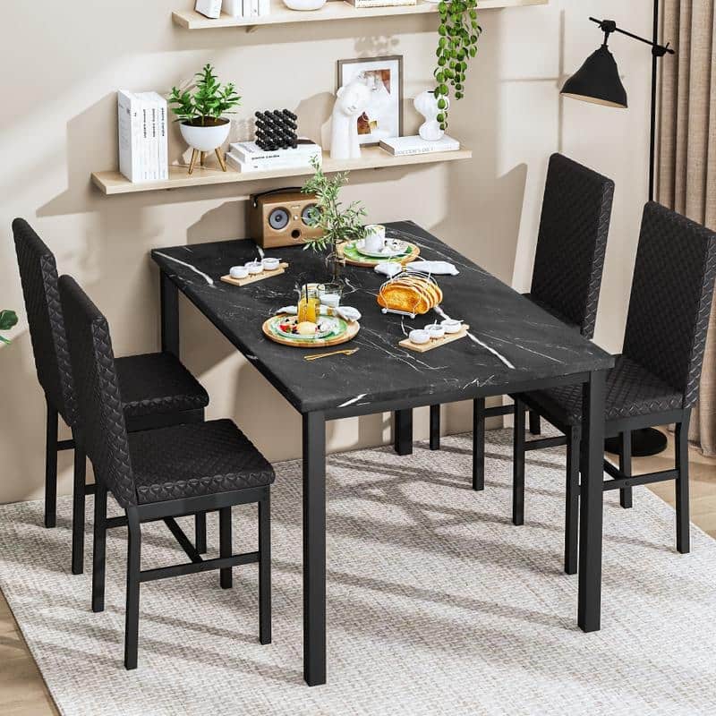 Grondin 5-Piece Dining Room Table Set with Faux Marble Table Top and Diamond Stitching Velvet Upholstery Dining Chairs