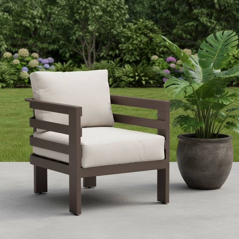 30" Brown Aluminum Outdoor Arm Chair with White Cushion - White