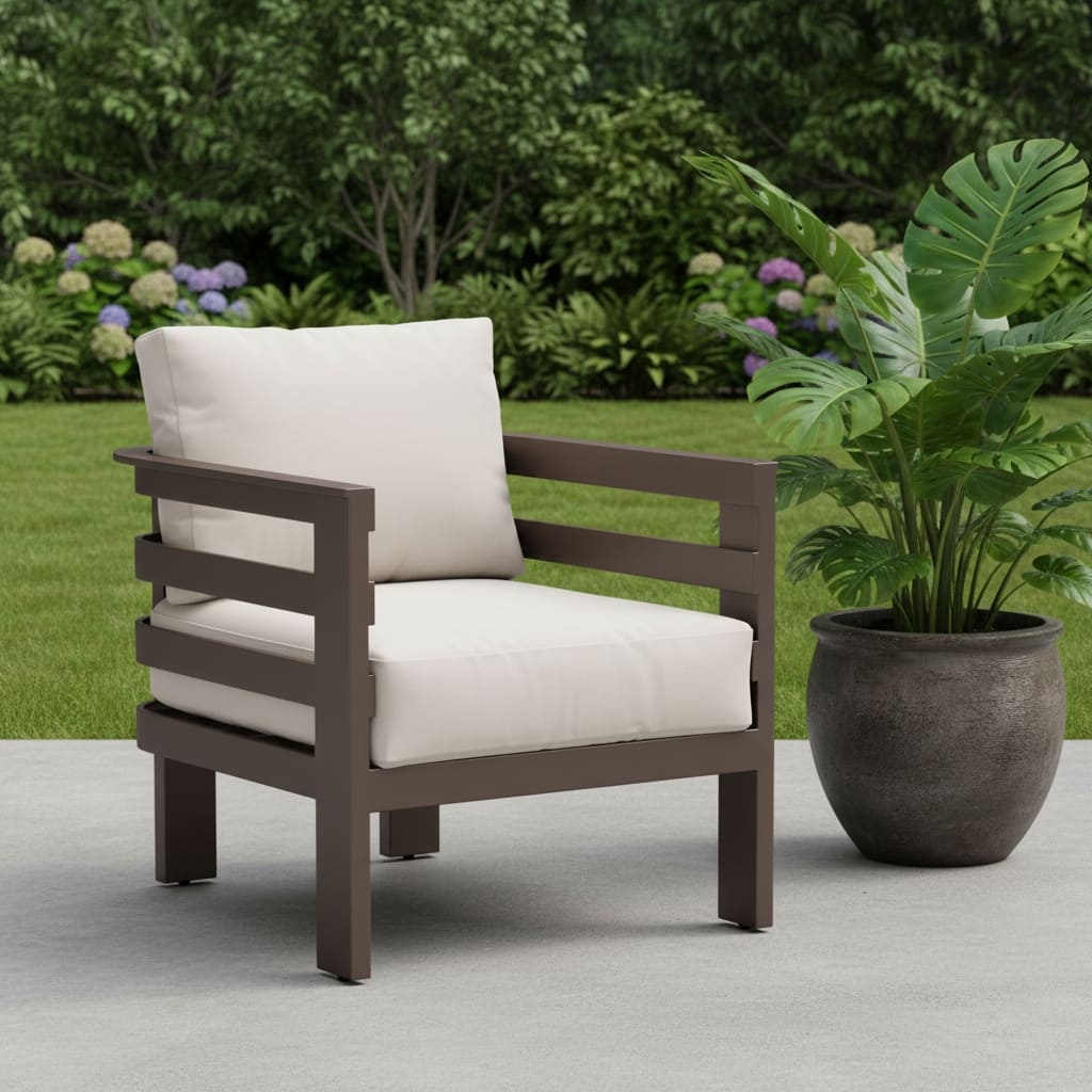 30" Brown Aluminum Outdoor Arm Chair with White Cushion