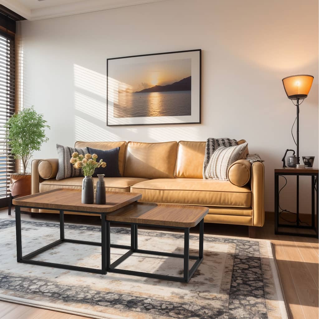 Square Nesting Coffee Table Set of 2 Wood Metal Stacking Side Table - 22"x22"x18"