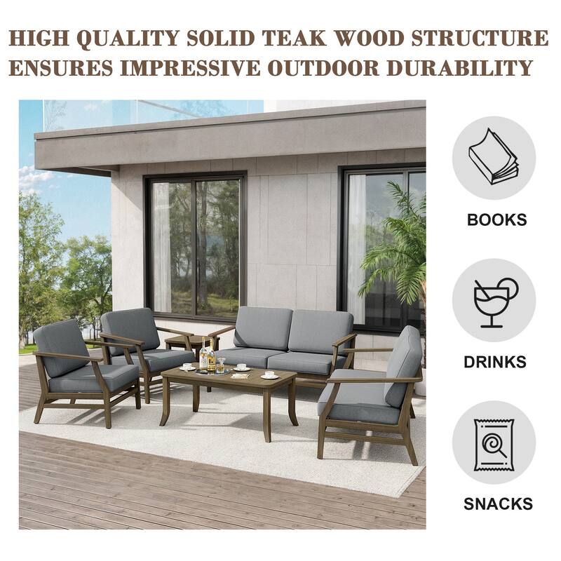 Teak Outdoor Patio Conversation Set with Cushions and Tables (6-Piece)