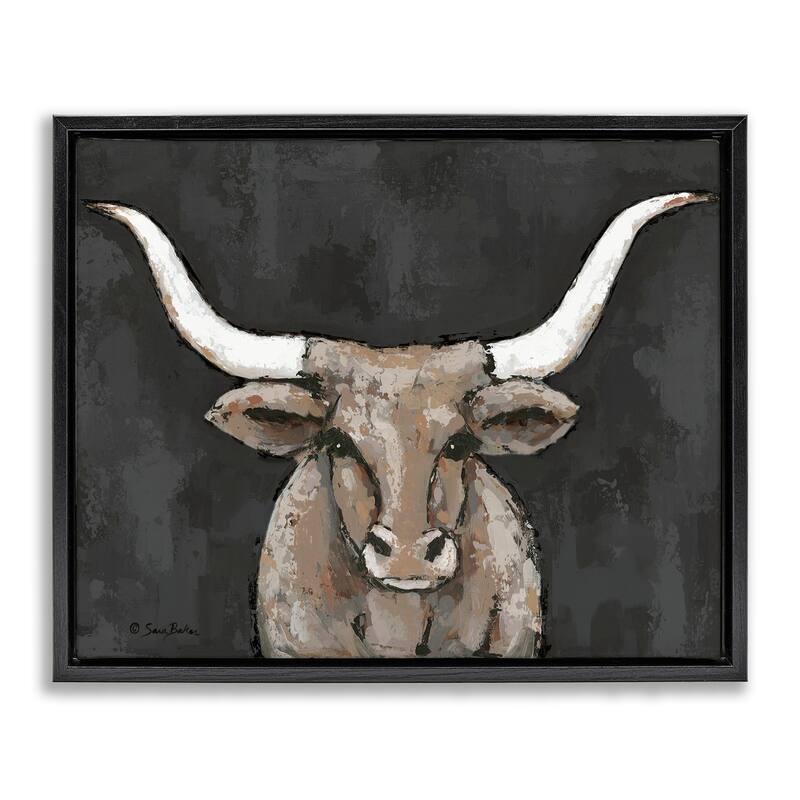 Stupell Longhorn on Murky Grey Framed Floater Canvas Wall Art Design By Sara Baker - 31 x 25 - Black
