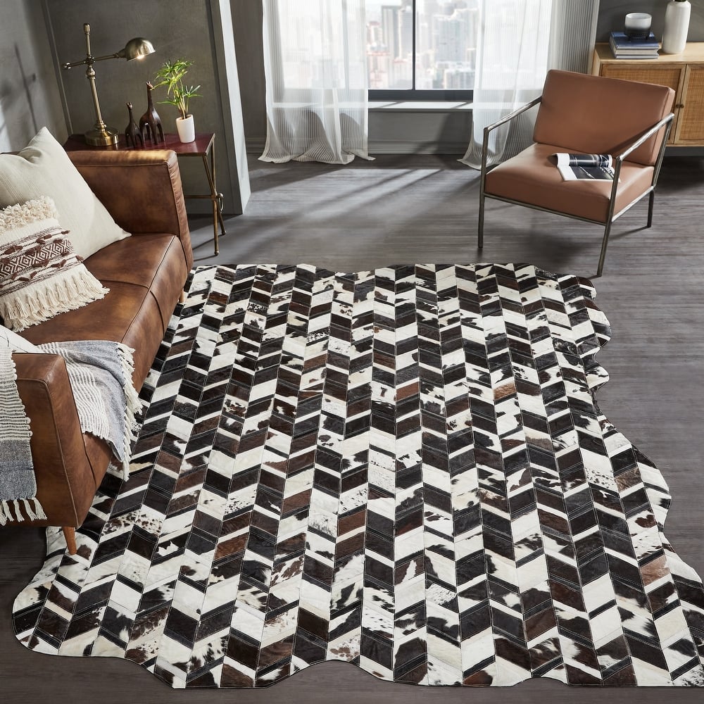 Pelle Leather Mosaic Chevron Abstract-Edged Area Rug