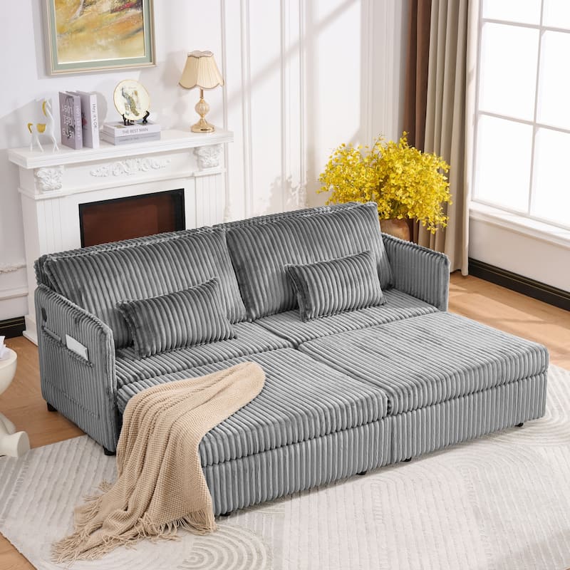 Roomfitters 73" Modern Corduroy Sofa Bed with Pull-out Sleeper Design, Modular Daybed with Storage Pocket & Pillows - Grey