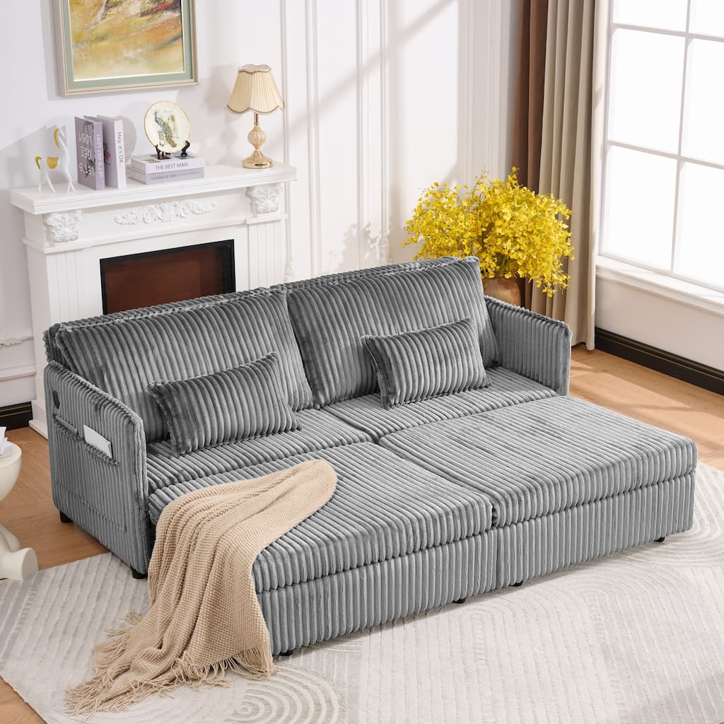 Roomfitters 73" Modern Corduroy Sofa Bed with Pull-out Sleeper Design, Modular Daybed with Storage Pocket & Pillows