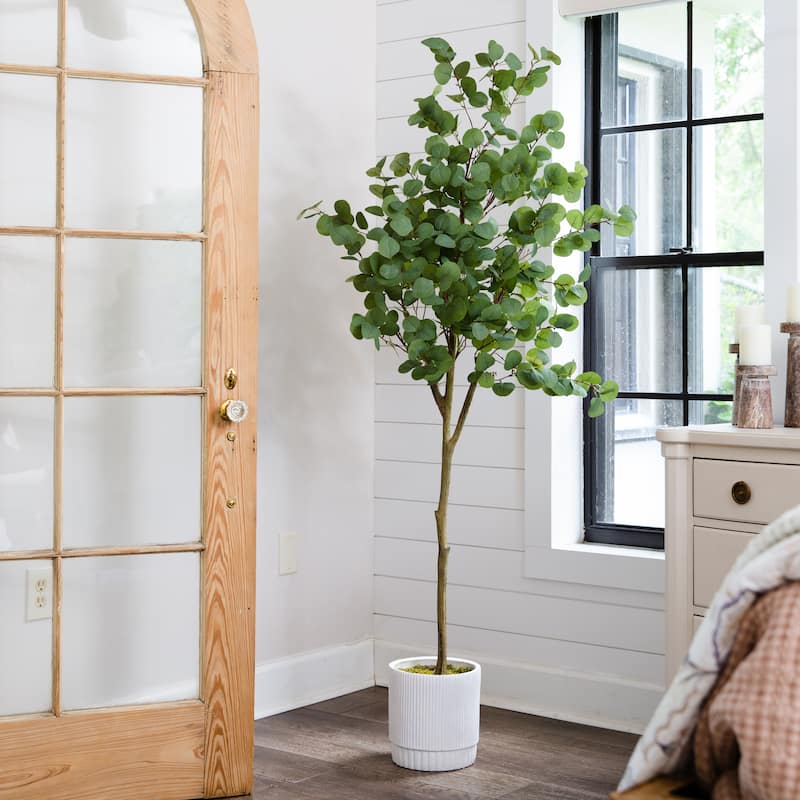 6' Artificial Eucalyptus Tree with White Decorative Planter - 6' - Green