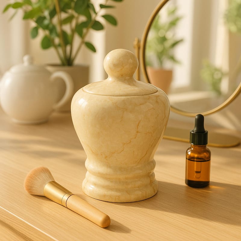 Creative Home Aladdin Collection Champagne Marble Cotton Ball Swab Holder, Bathroom Storage Jar - Beige