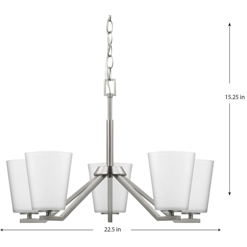 Vertex Collection Five-Light Brushed Nickel Etched White Contemporary Chandelier - 22.5 in x 22.5 in x 15.25 in