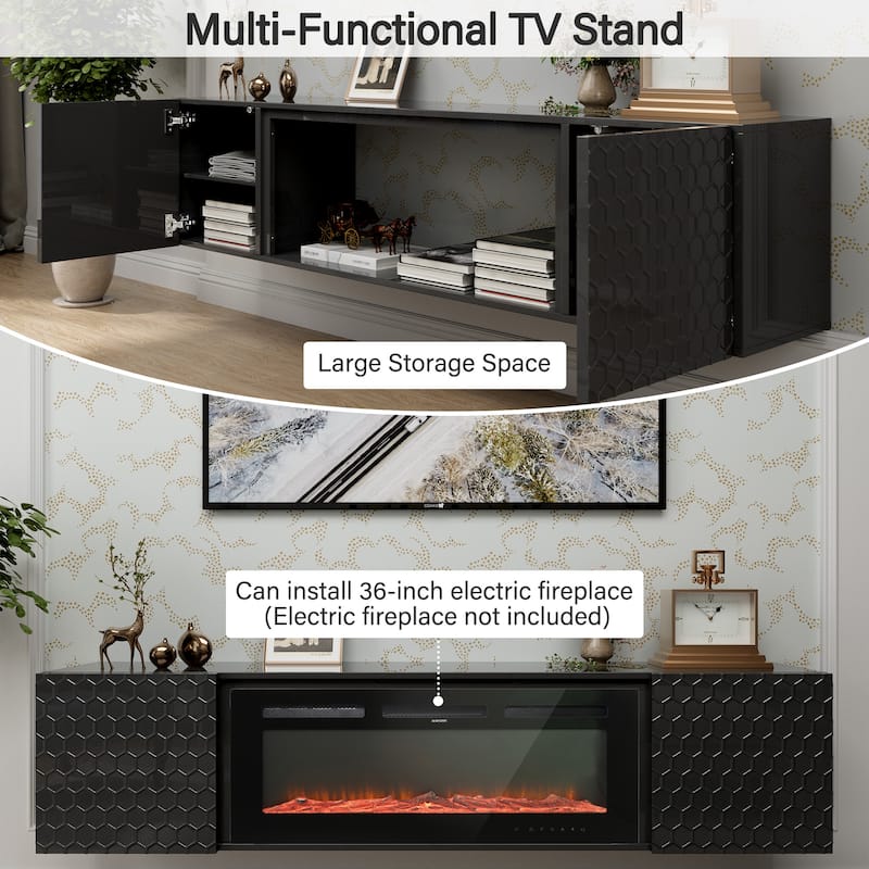 Floating TV Wall Mount Stand for 80 Inch TVs - Sturdy Wood Console, High Weight Capacity & Hidden Cable Management
