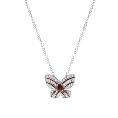 .925 Sterling Silver Garnet and White Sapphire Butterfly Necklace.