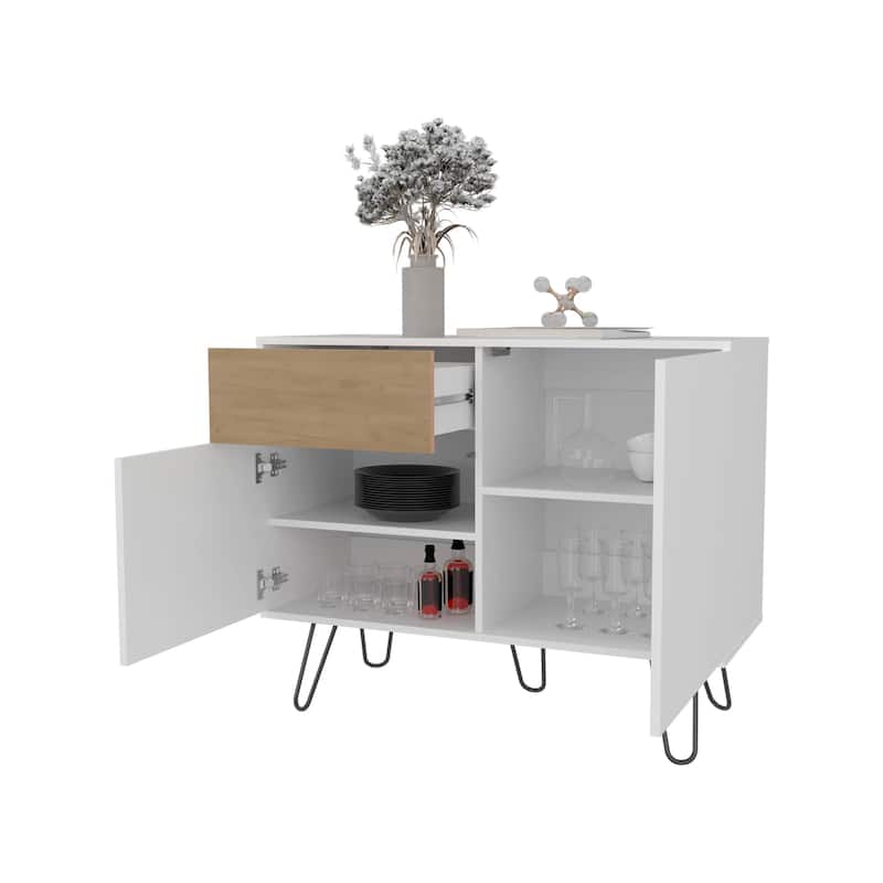 White and Natural Oak Sideboard with Hairpin Legs