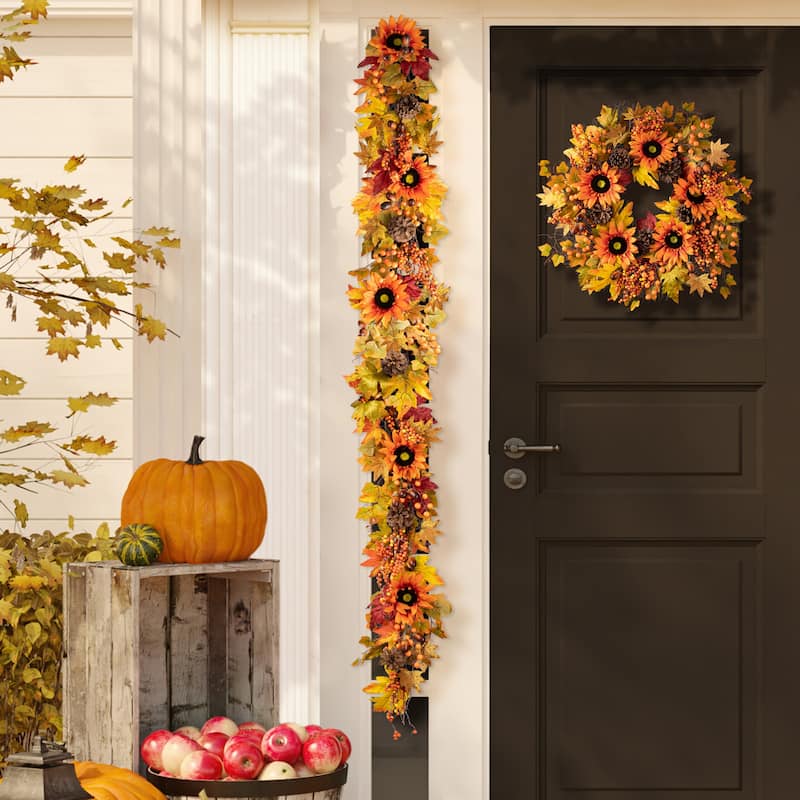 Glitzhome Fall Harvest Sunflower Maple Leaf Berry Garland Swag Wreath