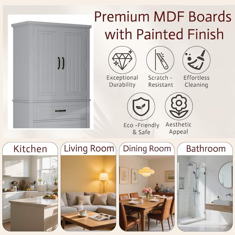 Multi-Functional Storage Cabinet with Doors and Drawers, Adjustable Shelf, Anti-Tip Design for Kitchen or Bathroom