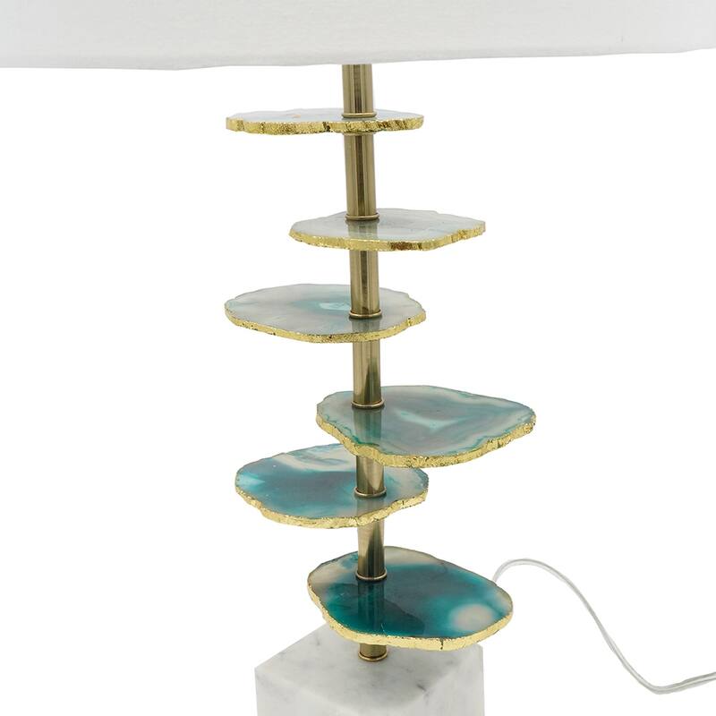 D15x29.5" Verdant Agate-Slice Table Lamp w/ Marble Base with a white drum shade and agate finial