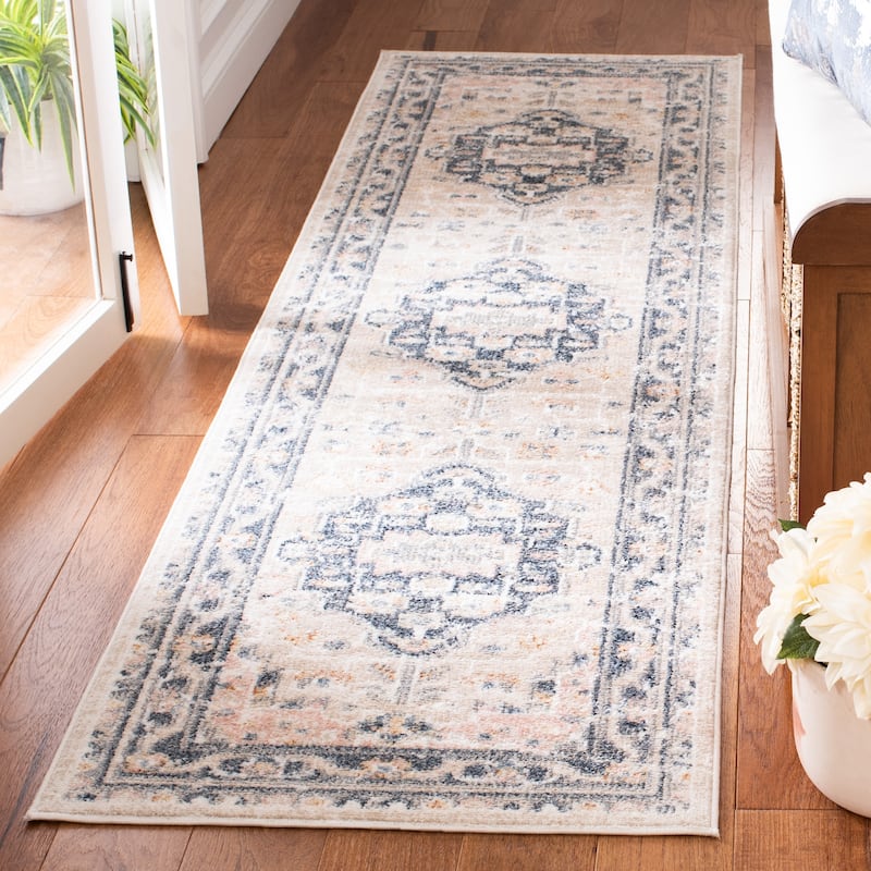 SAFAVIEH Blair Machine Washable Khadija Slip Resistant Rug - 2'2" x 8' Runner - Beige/Navy