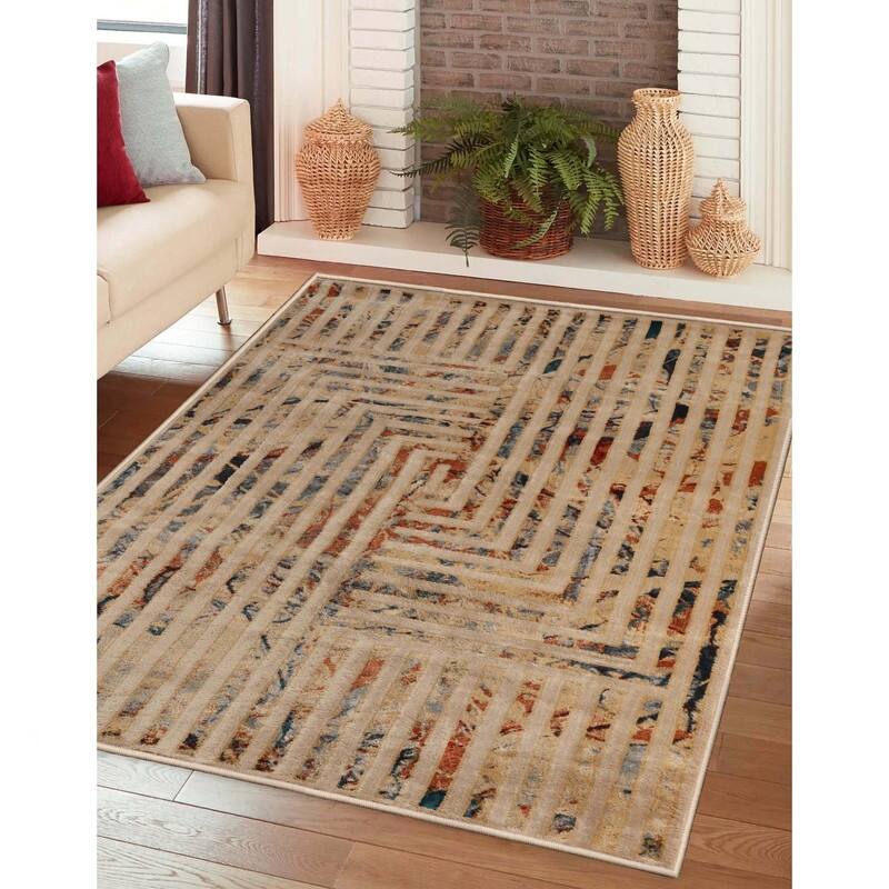 Superior Modern Geometric Lines Abstract Boho Runner or Area Rug - 5' x 8'