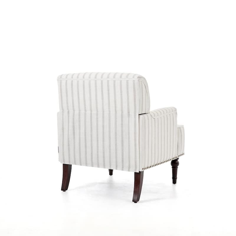 Striped Upholstered Linen Armchair with Brass Nailhead Trim