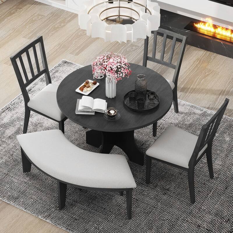 Rustic Grey Dining Table Set with Padded Bench, Round Dining Set with Slat-Back Chairs and Arched Bench