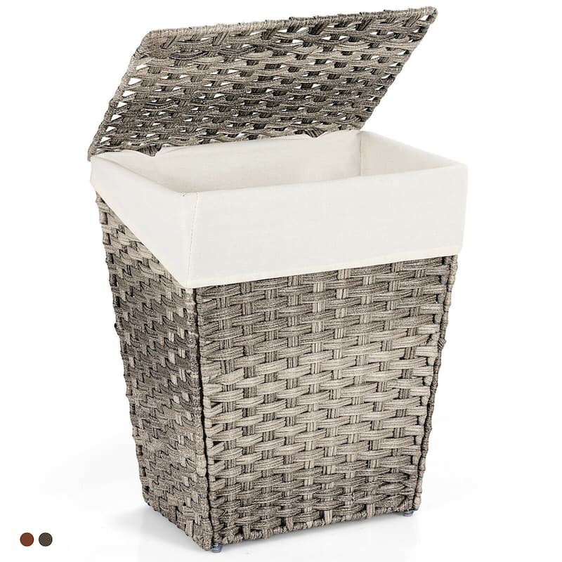 Gymax Handwoven Laundry Hamper Foldable w/Removable Liner, Lid & - 17.5'' X 12'' X 21''