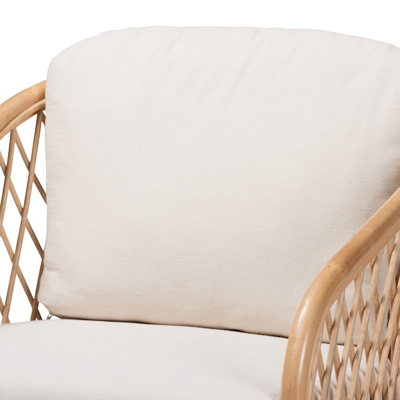 Patsy Modern Bohemian White Fabric and Natural Brown Rattan Armchair