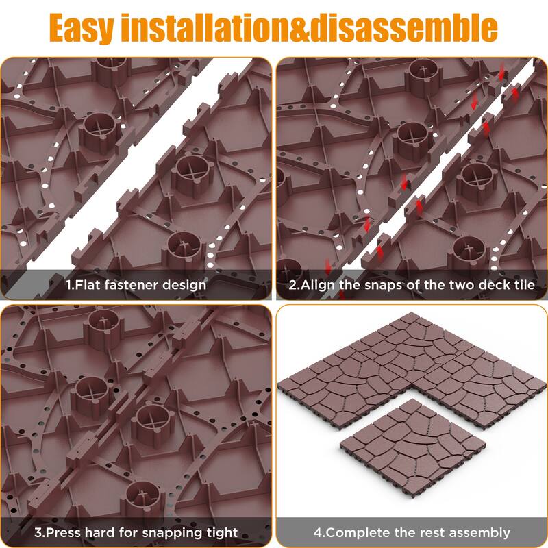 Stone Texture 12" Patio Deck Tiles Interlocking Decking Tiles 44 Pack Waterproof Outdoor Floor for Poolside Balcony Backyard