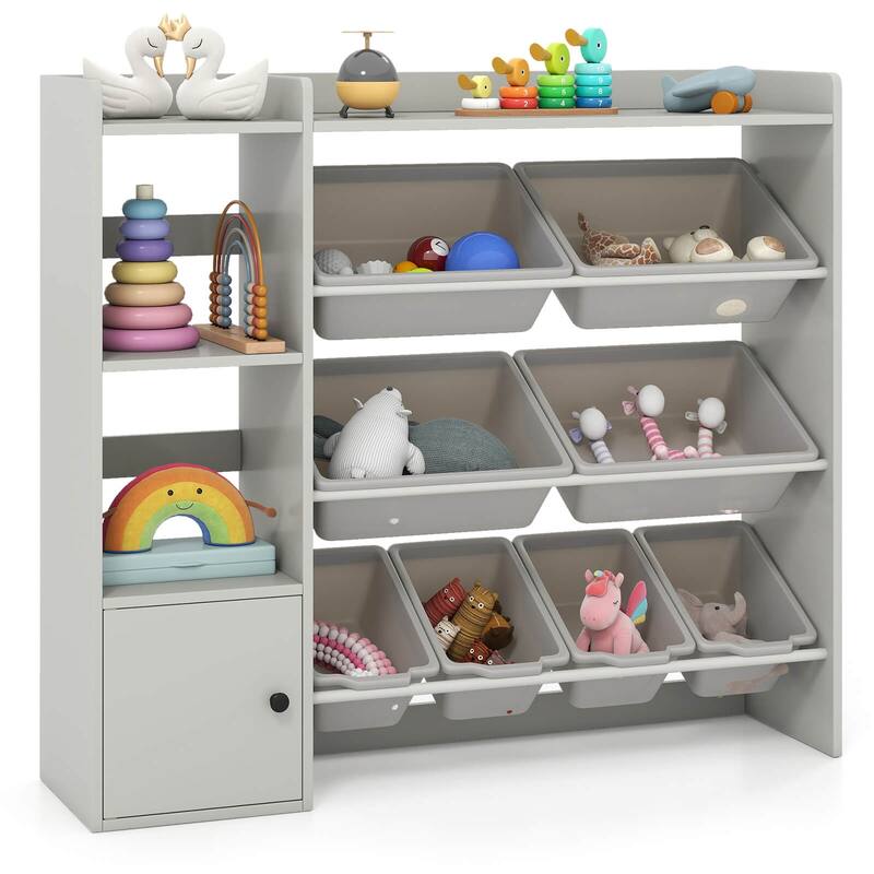 Costway Kids Toy Storage and Bookshelf, Wooden Bookcase with 4 Small - See Details - Grey - See Details