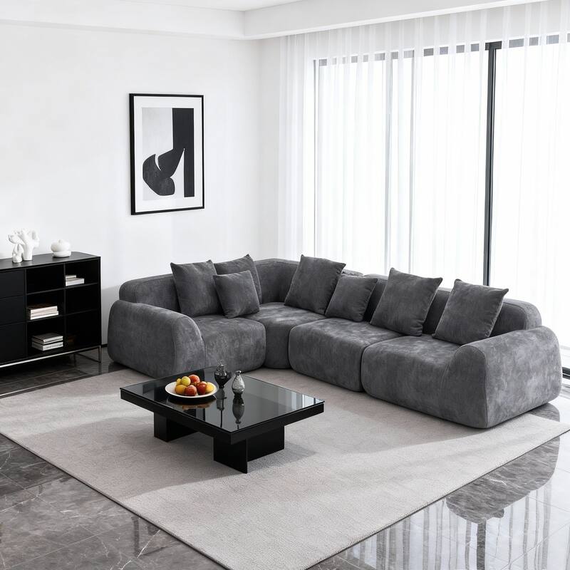 Boneless Sectional Cloud Couch Sofa for Living Room, 118" L-Shape Modular Velvet Sofa Modern Lounge Sleeper Couches with Chaise - Grey
