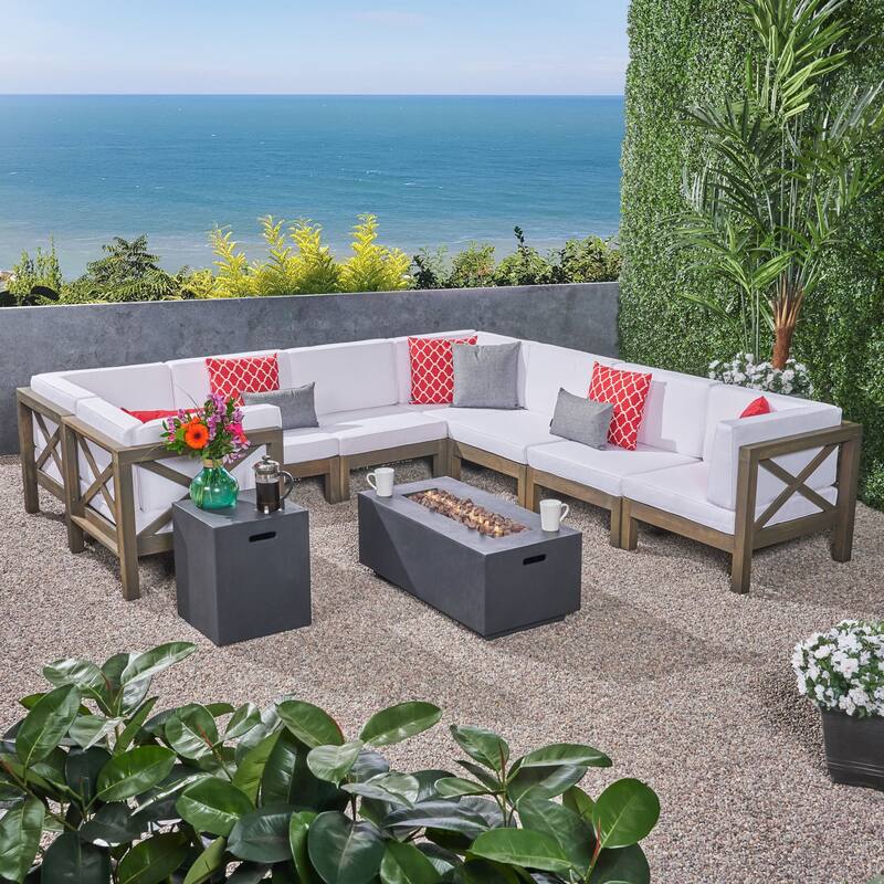 Brava Outdoor Acacia Wood 8 Seater U-Shaped Sectional Sofa Set with Fire Pit by Christopher Knight Home - gray finish + dark gray + white  cushion