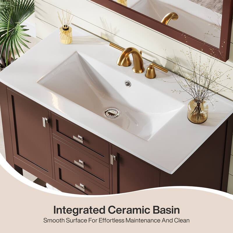 35.4 Inches Single Bathroom Vanity with Ceramic Sink Top, 3 Drawers & 2 Cabinets