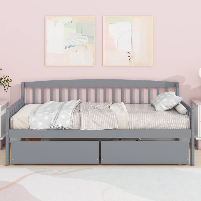 Twin-size Pine Wood Daybed with two Storage Drawers, Sofa Bed with Bed Platform of 10 Support Slats