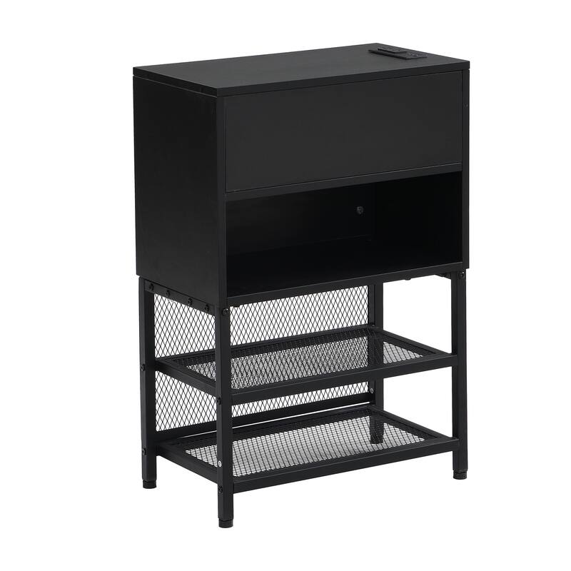 Full Size Metal Platform Bed Frame with Two-Tier Storage Shelves and Wooden Cabinet, Sturdy and Functional Bedroom Furniture