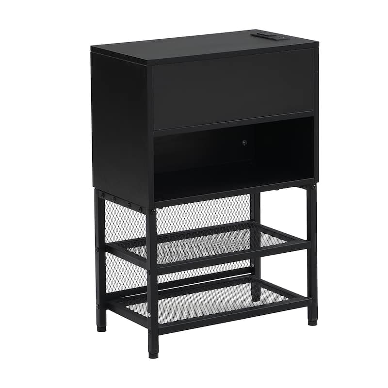 Platform Bed with 2-Tier Storage Shelves & Wooden Storage Cabinet, Metal Bed Frame w/Upholstered Headboard & USB Ports