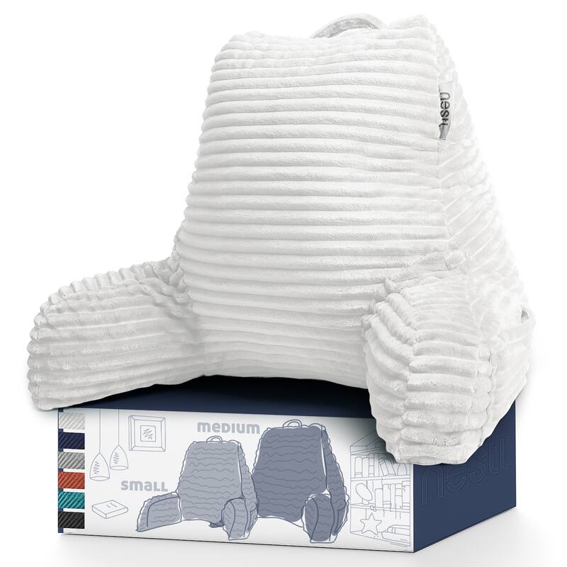 Nestl Cut Plush Striped Reading Pillow - Back Support Shredded Memory Foam Bed Rest Pillow with Arms - Medium - White