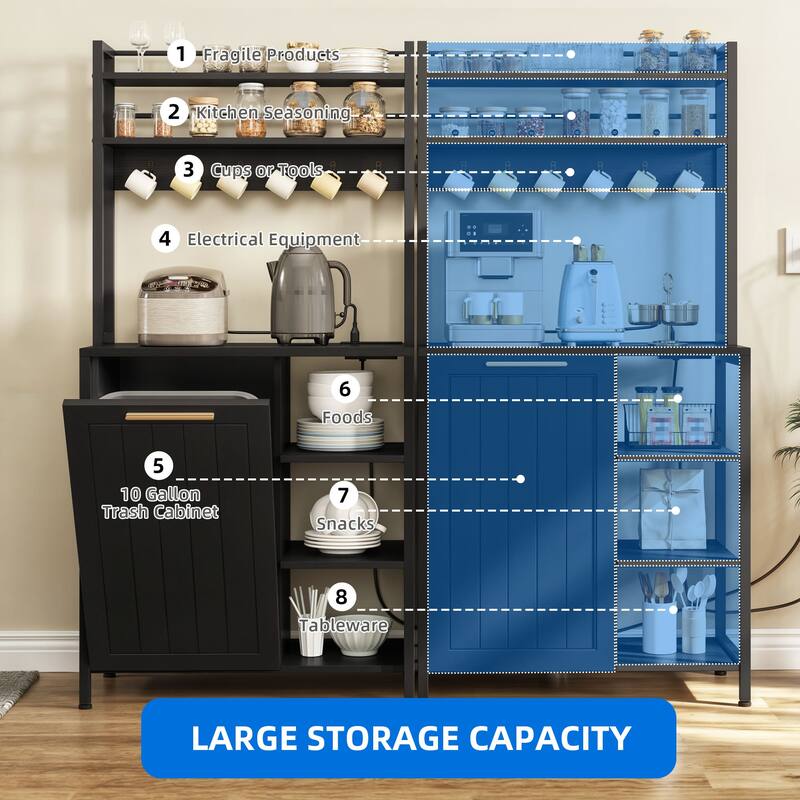 Bakers Rack with Trash Can Bin Cabinet &Power Outlets, Microwave Oven Stand Kitchen Shelf Organizer