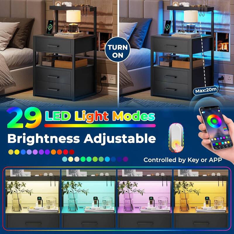 Nightstand Charging Station LED Lights End Table 3 Drawers