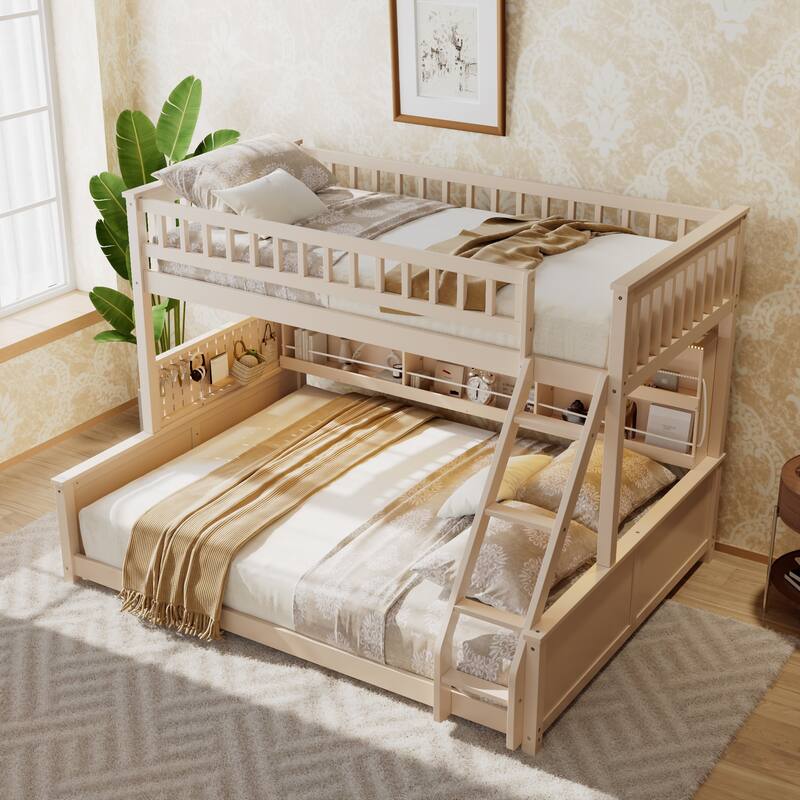 Roomfitters Twin XL over Queen Bunk Bed with Storage Shelf, Pegboard and LED Lights